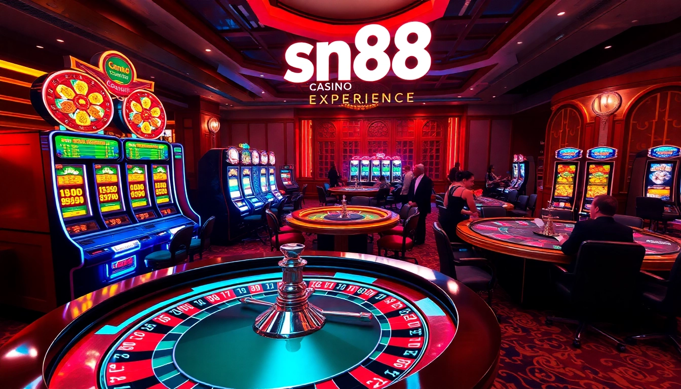 Experience the excitement of sn88 at a luxurious casino with vibrant slot machines and elegant poker tables.