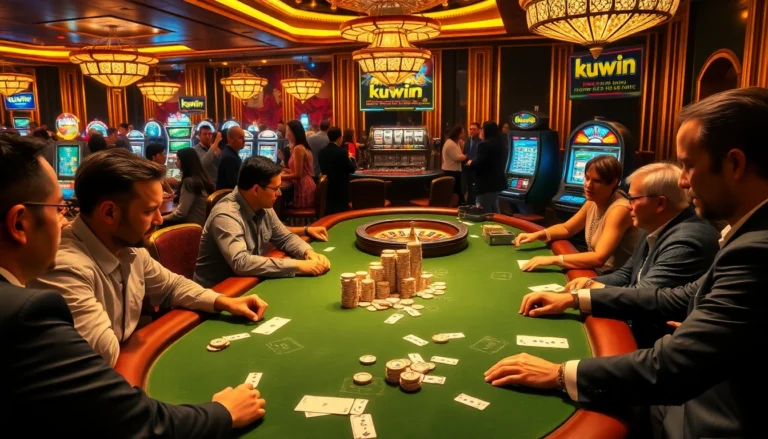 Kuwin casino scene featuring a high-stakes poker game with players, chips, and vibrant casino atmosphere.