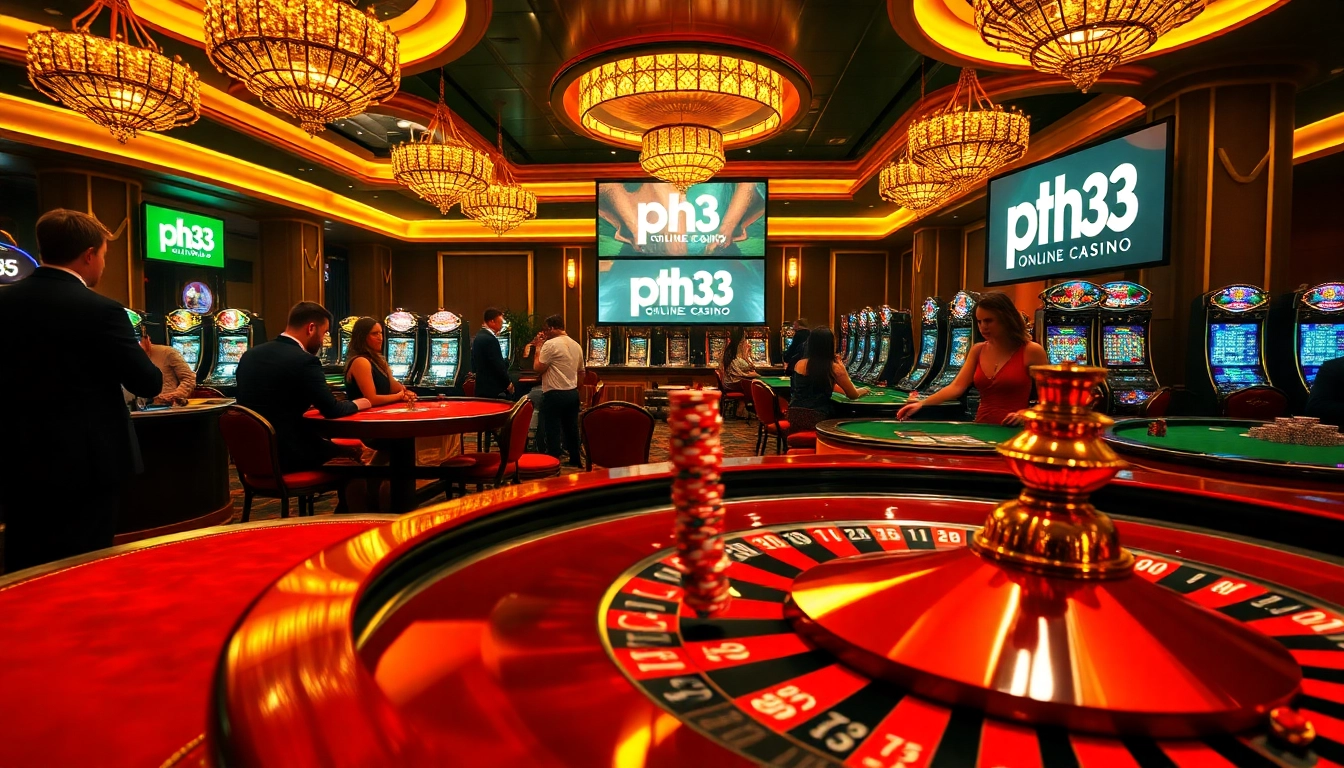 Roulette players experiencing excitement at ph33 casino, with vibrant slot machines in the backdrop.