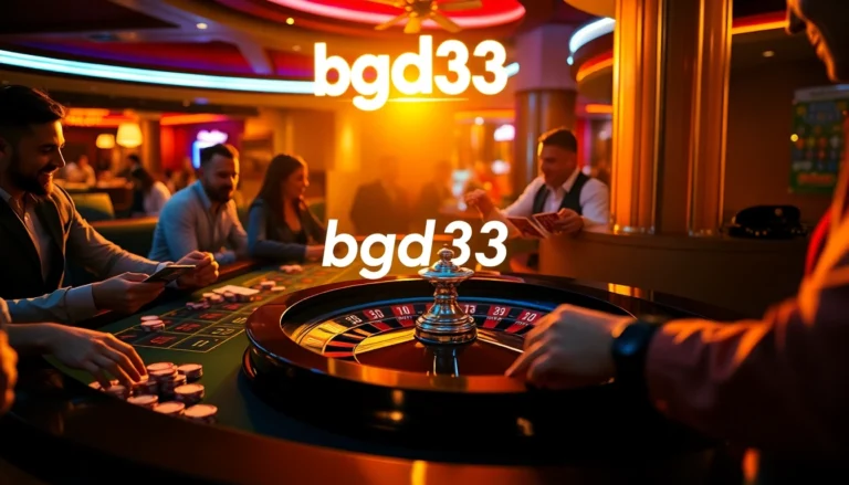 BGD33 sign illuminating a roulette table filled with excited players in a vibrant casino atmosphere.