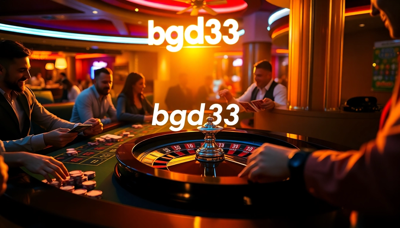 BGD33 sign illuminating a roulette table filled with excited players in a vibrant casino atmosphere.