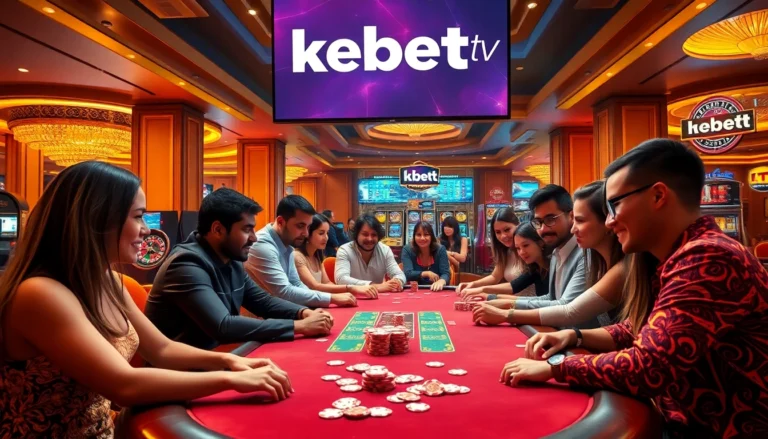 Engaging scene of players at a poker table in a casino with 'kebet tv' displayed, highlighting the excitement of gambling.