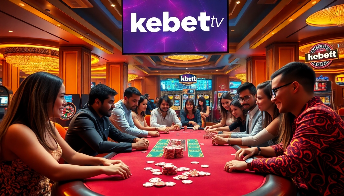 Engaging scene of players at a poker table in a casino with 'kebet tv' displayed, highlighting the excitement of gambling.