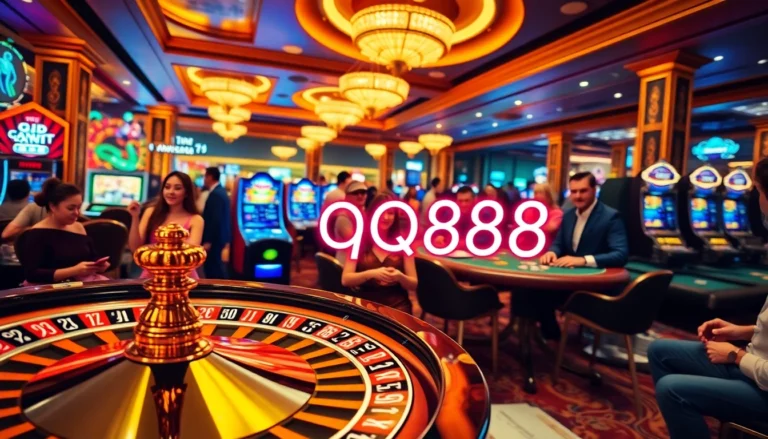Experience the thrill of qq888 at a lively casino with players enjoying poker and roulette tables.