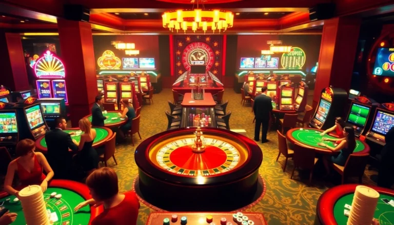 Experience the thrill of c168 casinos with players enjoying poker and vibrant slot machines lighting up the scene.