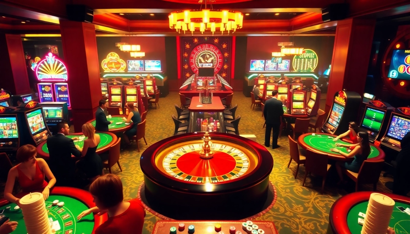 Experience the thrill of c168 casinos with players enjoying poker and vibrant slot machines lighting up the scene.