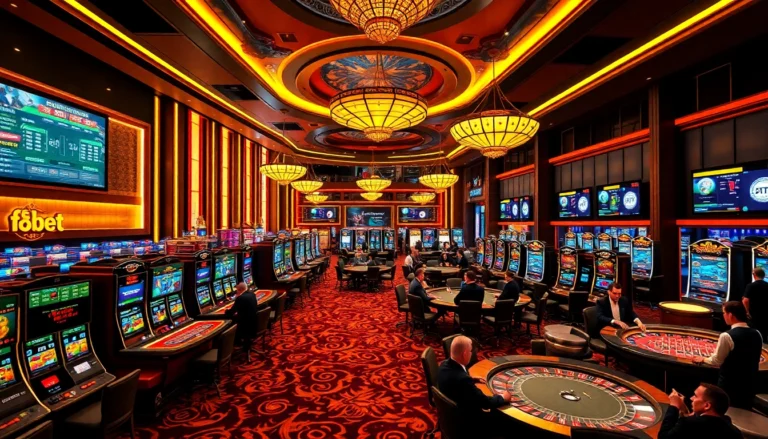 Experience f8bet's thrilling casino adventure with players at busy tables and vibrant slot machines.