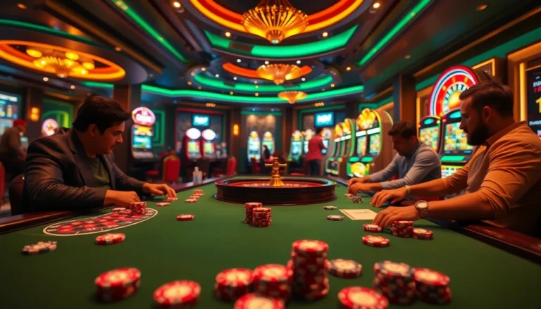 Players engaging in an intense poker game at a luxurious casino, spotlighting the online betting excitement of 1gom.