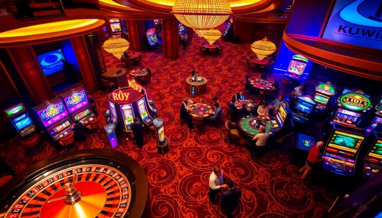 Experience the thrilling atmosphere of KUwin casino, featuring vibrant tables and high-stakes gaming excitement.