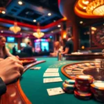 Experience the thrill of ea77 gambling at a lively poker table where players engage in high-stakes action amid vibrant casino decor.