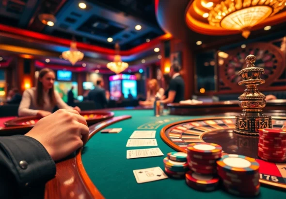 Experience the thrill of ea77 gambling at a lively poker table where players engage in high-stakes action amid vibrant casino decor.