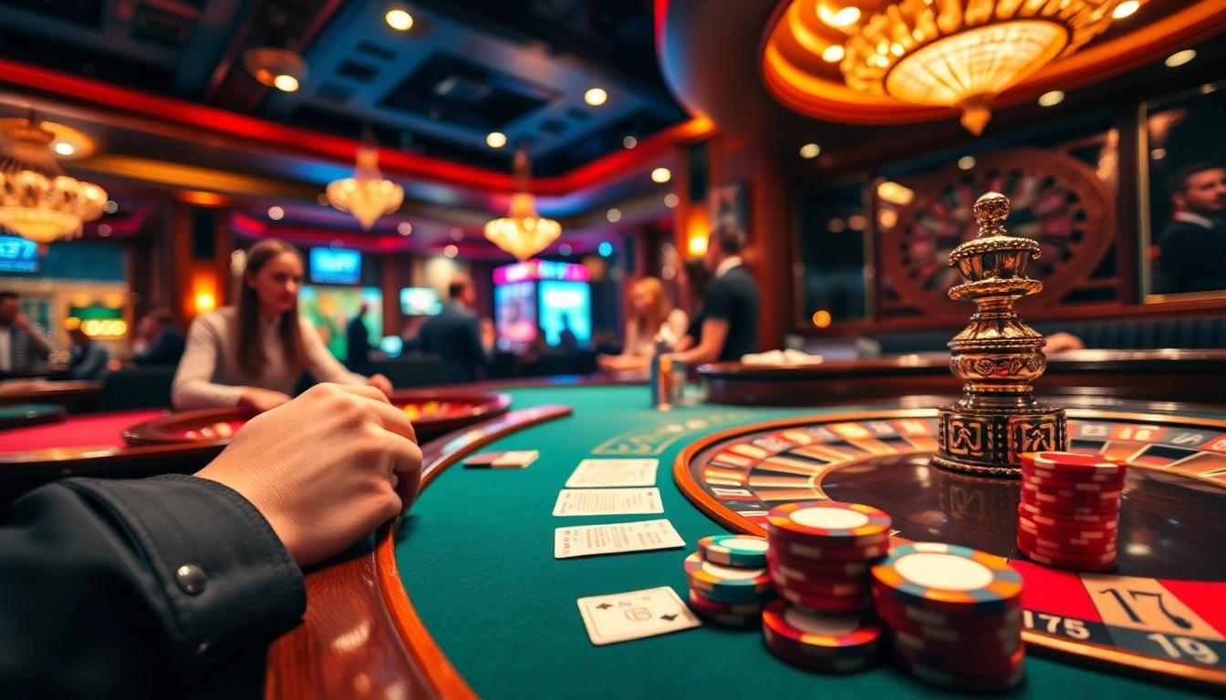 Experience the thrill of ea77 gambling at a lively poker table where players engage in high-stakes action amid vibrant casino decor.