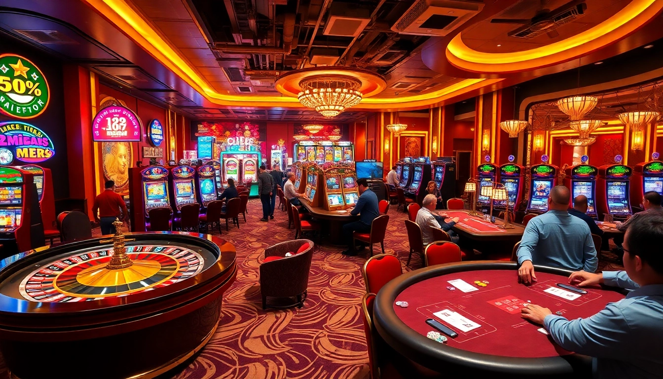 A lively casino scene showcasing players at a roulette table and slot machines, highlighting the 789win link đăng nhập for online gaming excitement.